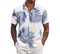 COOFANDY Chemise Hawaienne Homme Plage Chemise Manches Courtes Chemises Ete Chemises a Fleur Blanc/Feuille Bleue L