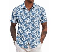 COOFANDY Chemise Hawaienne Homme Plage Chemise Manches Courtes Chemises Ete Chemises a Fleur Bleu/Fleur Blanche S