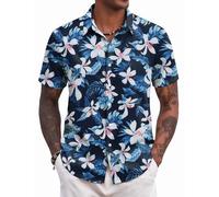 COOFANDY Chemise Homme Hawaienne Ete Plage Chemise Manches Courtes Chemises a Fleur Bleu Marine/Lily XL