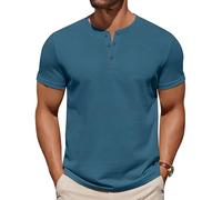 COOFANDY - Chemises décontractées à manches courtes en coton pour homme avec boutons Henley, T-shirts de base pour le travail avec fente latérale, gris/bleu, XX-Large