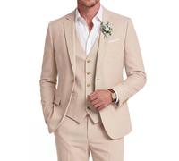 COOFANDY Costumes 3 pièces en lin pour hommes, Blazer léger décontracté, Vestes et pantalons pour mariage, travail, bal, beige, Taille M