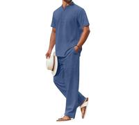 COOFANDY Ensemble 2 pièces en coton pour homme, chemises Henley décontractées à manches courtes et pantalon de plage avec poches, tenues de vacances d'été, Z-Denim Bleu, Medium