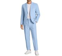 Coofandy Ensemble 2 pièces en Lin et Coton pour Homme - Style décontracté - Léger - pour l'été, la Plage, Les Mariages, Bleu Ciel, Taille L