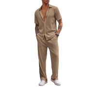 COOFANDY Ensemble 2 pièces pour homme décontracté à manches courtes chemise boutonnée plage été pantalon ample, marron, Medium