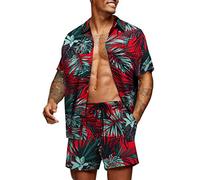 COOFANDY Ensemble de Chemises hawaïennes pour Hommes, Chemise d'été à Manches Courtes et Pantalons, Coupe régulière, Chemise décontractée PAT5 S