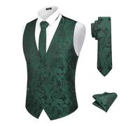 COOFANDY Ensemble de cravates pour homme 3 pièces avec gilet jacquard floral et cravate, mouchoir de poche, gilets pour costume, smoking, mariage, vert foncé, L
