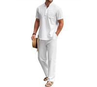 COOFANDY Ensemble deux pièces en coton et lin pour hommes - Chemises décontractées à manches courtes Henley pour la plage et le yoga, pantalons d'été, Tout en blanc, 4X-Large