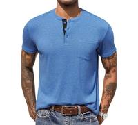 COOFANDY Henley T-shirt d'été à manches courtes pour homme Couleur unie T-shirt basique avec boutonnière et poche, bleu, M