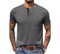 COOFANDY Henley T-Shirt Uni à Manches Courtes pour Homme - Décontracté Doux Basique avec Bouton de Poche Gris M