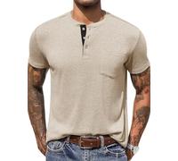 COOFANDY Henley T-Shirt Uni à Manches Courtes pour Hommes Décontracté d'été Basique avec Bouton de Poche Kaki L