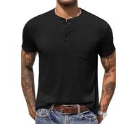 COOFANDY Henley T-Shirt Uni à Manches Courtes pour Hommes Loisirs Basic Tee avec Bouton de Poche Noir L