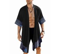 COOFANDY Men's Cardigan Lightweight Cotton Sweater Kimono Style Cloak Open Front Cape, Black, Large