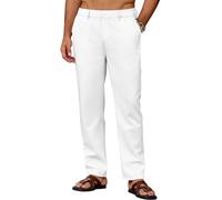 COOFANDY Pantalon Homme en Lin Léger Pantalon d'été Décontracté Pantalons de Plage Uni avec Poches Taille Elastique Blanc XXL