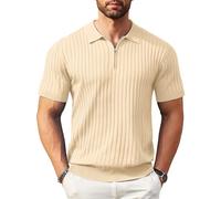COOFANDY Polo à Manches Courtes avec Fermeture éclair pour Homme, en Tricot côtelé Tendance et décontracté, Kaki Clair, Taille L