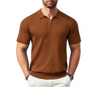 COOFANDY Polo à Manches Courtes avec Fermeture éclair pour Homme, en Tricot côtelé Tendance et décontracté, Marron, Taille XL