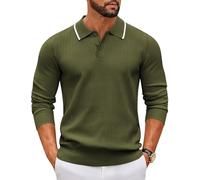 COOFANDY Pull Homme à Col Polo Manches Longues Tricot Fin Patte de Boutonnage Style Loisirs Basic Coupe Regular Fit Armée Verte XL