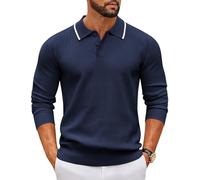 COOFANDY Pull Homme à Col Polo Manches Longues Tricot Fin Patte de Boutonnage Style Loisirs Basic Coupe Regular Fit Bleu Marine XL
