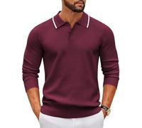 COOFANDY Pull Homme à Col Polo Manches Longues Tricot Fin Patte de Boutonnage Style Loisirs Basic Coupe Regular Fit Rouge 3XL