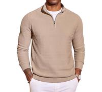 COOFANDY Pull Homme Sweat Zippé Manches Longues Col Quart Pullover Classique Tricots Pull d'hiver LéGer Et éLastique Kaki M