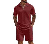 COOFANDY Survêtement décontracté 2 pièces pour homme avec polo et short à fermeture éclair 1/4, rouge vin, 3X-Large