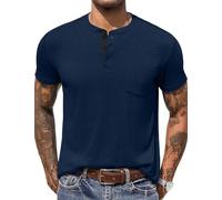 COOFANDY T-Shirt Henley Uni à Manches Courtes pour Homme Décontracté Cool Basique avec Bouton de Poche Bleu Marine L