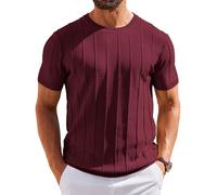 COOFANDY T Shirt Homme T-Shirt Tricoté à Manches Courtes Pull D'été à Rayures Tee Shirt Décontracté Shirt col Rond Bourgogne M