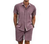 COOFANDY Tenues de plage d'été 2 pièces pour homme - Chemises et shorts à manches courtes - Texture de vacances - Ensembles en lin pour homme, rouge foncé, 3X-Large