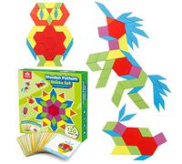 Coogam 130 Pcs modèle en Bois Blocs Set géométrique Forme de Manipulation Puzzle - Graphiques Tangram Jouets Casse-tête STEM Cadeau pour Les Enfants avec 24 Cartes de Conception Pcs