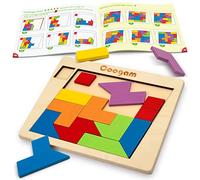 Coogam Blocs de puzzle en bois géométrique Tangram casse-tête puzzle 3D logique QI jeu coloré motif STEM jouets éducatifs cadeau 60 défis à partir de 3 ans pour tous les âges