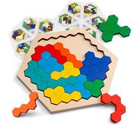 Coogam en Bois Hexagone Puzzle - Forme Bloc Tangram Casse-tête Jouet Géométrie Logique IQ Jeu STEM Montessori Cadeau Éducatif pour Tous Les Ages Défi
