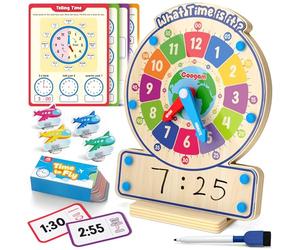 Coogam Horloge en Bois d'Enseignement du Temps, Horloge Analogique Numérique avec Tableau d'Affichage des Mouches Jeu de Plateau, Jouet Éducatif d'Apprentissage pour Enfants de 3 4 5 Ans en Classe à