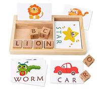 Coogam Jeux d'orthographe, Lettres en Bois Assorties avec Mots Cartes Flash, Alphabets ABC éducatif Montessori Cadeau pour Enfants Filles 3 4 5 Ans