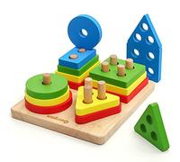 Coogam Jouets en Bois de tri et d'empilage, Blocs géométriques de Reconnaissance de Couleur de Forme Assortis de Puzzle avec la Ficelle de laçage, Cadeau éducatif de Jeu de société