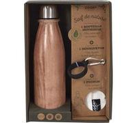 COOK CONCEPT Ka4655 Coffret Bouteille Isotherme de Transport INOX Effet Bois avec Mousqueton et Pochon Beige et Marron H26 X 8,5 X 18 cm