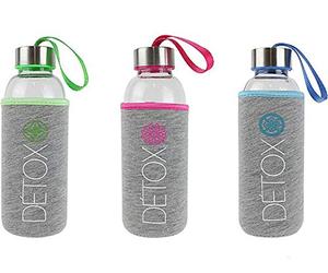 Cook Concept KA1778 Bouteille De Transport Avec Housse Néoprène Et Dragonne Détox Verre Transparent Gris Et Bleu Ou Rose Ou Vert D7 x H19,5 Cm