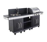 Cook’in Garden - Cuisine Extérieure Modulable FIDGI 3, Barbecue au Gaz, 3 Brûleurs avec Thermomètre, Meuble d’Appoint Desserte et Évier, Structure Métal, Noir
