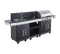 Cook’in Garden - Cuisine Extérieure Modulable FIDGI 4, Barbecue au Gaz, 4 Brûleurs avec Thermomètre, Meuble d’Appoint Desserte et Évier, Structure Métal, Noir