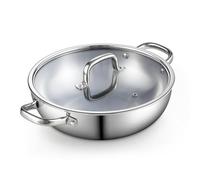 Cook N Home Wok Tri-Ply en acier inoxydable 30,5 cm Induction Wok avec couvercle, wok à fond plat, argenté