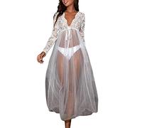 COOKOE Robe d'été en dentelle florale transparente avec col en V - Robe longue en maille - Robe chemise - Robe surdimensionnée avec jupon