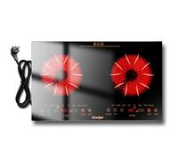 Cooksir Plaque Vitrocéramique 2 Feux avec Prise, Plaque de Cuisson Électrique 60CM à Encastrer, Montage ou Mobile, Commande Tactile Horizontale Indépendante, Verrouillage de Sécurité, 220V