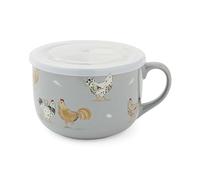 Cooksmart Hen House Lane Tasse à soupe | Tasse en grès de 600 ml avec couvercle en plastique | Motif rustique de poule de ferme | Passe au lave-vaisselle et au micro-ondes | Idéale pour les soupes et