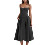 cookx Sleeveless Corset Fit Midi Dress Spaghetti Strap Bustier Midi Dress Trendy A Line Dress with Pocket (S,Black)