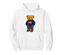 Cool American USA Teddy Bear Illustration Graphic Designs Sweat à Capuche, Unisexe pour Adultes, Blanc, S