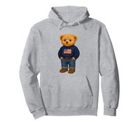 Cool American USA Teddy Bear Illustration Graphic Designs Sweat à Capuche, Unisexe pour Adultes, Gris Chiné, XL