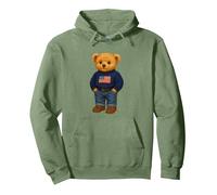 Cool American USA Teddy Bear Illustration Graphic Designs Sweat à Capuche, Unisexe pour Adultes, Vert Sauge, L