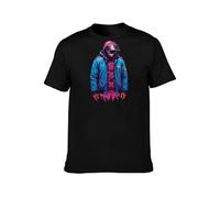 Cool Black Cotton Crew Neck Tee Showcasing Stylish Character in Blue Jacket, Urban Fashion Statement M