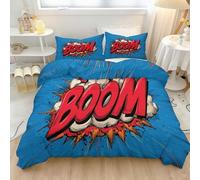 Cool Cartoon Bombe Explosion Lettres Housse de Couette 240 x 260 cm | Lavable Housse de Couette Bleu Rétro Comic Respirant Déco Chambre ado Résistant à la Décoloratio