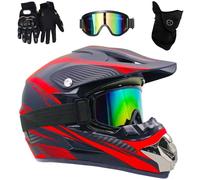 Cool Casque de Motocross Intégral, Casque Cycliste pour Enfants, avec Goggle Gants Masque, Casques de VTT BMX Downhill Mountain Bike Quad, Approuvé par Le Dot(Red Lines,S(52-53cm))