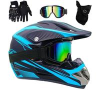 Cool Casque de Motocross Intégral, Casque Cycliste pour Enfants, avec Goggle Gants Masque, Casques de VTT BMX Downhill Mountain Bike Quad, Approuvé par Le Dot(Blue Lines,M(54-55cm))