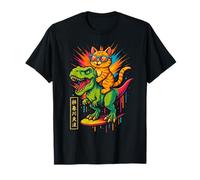 Cool Cat Riding Dinosaur Planche de Surf Couleurs Dessin animé T-Shirt